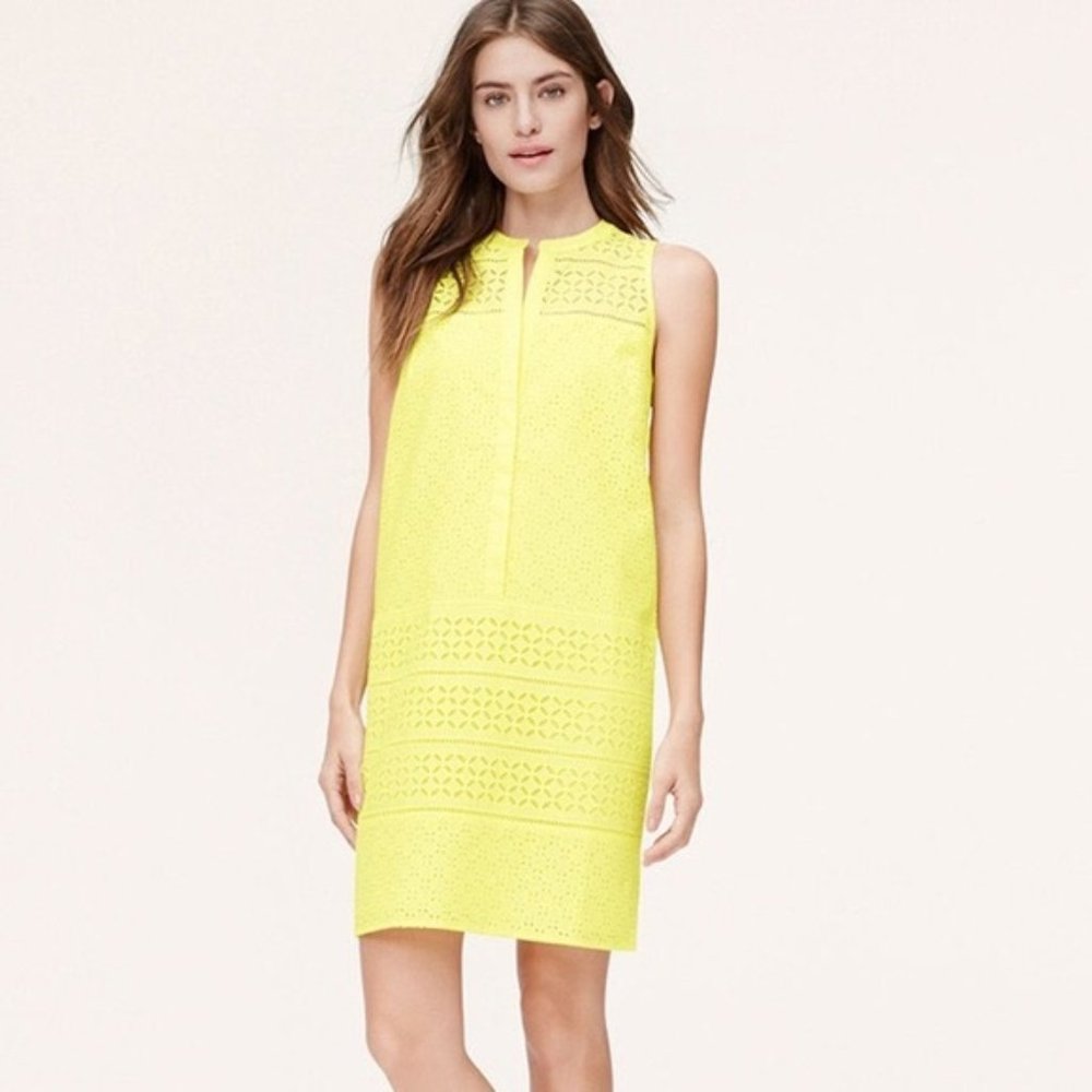 Cute yellow cotton eyelet Loft shift dress, 0